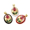 Rack Plating Brass Micro Pave Colorful Cubic Zirconia Enamel Pendants, Long-Lasting Plated, Cadmium Free & Lead Free, Real 18K Gold Plated, Oval with Flower Pattern Charms, Mixed Color, 21.5x16x4mm, Hole: 4.5x3mm