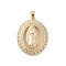Brass Cubic Zirconia Pendants, Long-Lasting Plated, Oval with Holy Virgin Charms, Clear, 34x27x6mm, Hole: 6x3mm