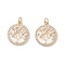 Brass Micro Pave Clear Cubic Zirconia Pendants, Long-Lasting Plated, with Jump Rings & Floral White Enamel, Flat Round with Tree of Life, Real 18K Gold Plated, 18x16x2.4mm, Hole: 3.2mm