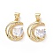 Brass Cubic Zirconia Pendants, Cadmium Free & Lead Free, Crescent Moon with Heart Charms, Golden, 18x14x5mm, Hole: 3x5mm