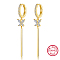 Rhinestone Butterfly Hoop Earrings, 925 Sterling Silver Rectangle Bar Drop Earrings, Real 18K Gold Plated, 45x6mm