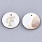 Natural Freshwater Shell Pendants, with Golden Plated Brass Etched Metal Embellishments, Flat Round with Letter, Letter.F, 15x2mm, Hole: 1.2mm