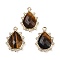 Natural Tiger Eye Faceted Pendants, with Rack Plating Brass Clear Cubic Zirconia Teardrop Charms, Golden, 21x15x5mm, Hole: 1.4mm