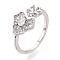 Leaf Brass Micro Pave Clear Cubic Zirconia Cuff Ring Settings, for Half Drilled Beads, Cadmium Free & Nickel Free & Lead Free, Real Platinum Plated, Pin: 0.9mm, 10.2mm, Inner Diameter: 17~18mm