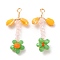 Glass Beaded Pendants, with Golden Brass Wire Wrap Findings, Flower of Life Charms, Orange, 23~26x10~13x4~5mm, Hole: 1.6~1.8mm