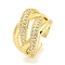 Brass Micro Pave Cubic Zirconia Open Cuff Ring, Criss Cross Rings for Women, Real 18K Gold Plated, 15mm