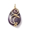 Natural Amethyst Copper Wire Wrapped Pendants, Teardrop Charms with Moon, Golden, 24x13x7.5~8mm, Hole: 2~2.5mm