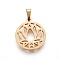 Ion Plating(IP) 304 Stainless Steel Pendants, Ring with Lotus, Real 18K Gold Plated, 19~20x16~17x1.5mm, Hole: 5x2.5mm