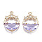 Faceted Transparent Glass Pendants, with Brass Crystal Rhinestone Findings, Flat Round with Star, Light Gold, Lilac, 21x15x5mm, Hole: 1.4mm