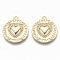 Brass Micro Pave Cubic Zirconia Pendants, Flat Round with Heart & Greek Words for Love, Nickel Free, Clear, Real 18K Gold Plated, 23.5x21x2.5mm, Hole: 1.8mm