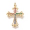 Brass Micro  Pave Cubic Zirconia Pendants, with Jump Rings, Cross, Colorful, Real 18K Gold Plated, 35x25x2.5mm, Jump Ring: 5x1mm, 3mm Inner Diameter