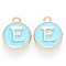 Golden Plated Alloy Enamel Charms, Cadmium Free & Lead Free, Enamelled Sequins, Flat Round with Letter, Sky Blue, Letter.E, 14x12x2mm, Hole: 1.5mm