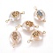 Natural Pearl Links connectors, with Cubic Zirconia and Brass Findings, Flat Round with Hamsa Hand/Hand of Fatima /Hand of Miriam, Golden, Mixed Color, 19~23x10~12x6~9mm, Hole: 1.6mm