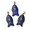 Natural Lapis Lazuli & Synthetic Turquoise Carved Pendants, Fish Charms with Brass Bails, Golden, Dyed, 35x17.5x7.5~8mm, Hole: 4.3x6.5mm