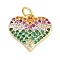 Rack Plating Brass Pendants, Heart Charms, with Cubic Zirconia, Long-Lasting Plated, Lead Free & Cadmium Free, with Jump Ring, Real 18K Gold Plated, 13.5x14.5x3mm, Hole: 3mm