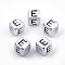 Plated Acrylic Beads, Horizontal Hole, Cube with Letter, Antique Silver, Letter.E, 6mm, Hole: 3mm