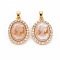 Brass Lilac Cubic Zirconia Pendants, with Cameo Resin, Nickel Free, Oval, Dark Salmon, 20x14x4mm, Hole: 4x2.5mm