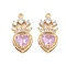 Brass Micro Pave Cubic Zirconia Pendants, Nickel Free, with Glass Heart Charms, Real 18K Gold Plated, Pearl Pink, 26x12.5x6mm, Hole: 1.8mm