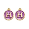 Golden Plated Alloy Enamel Charms, Enamelled Sequins, Flat Round with Alphabet, Letter.H, Purple, 14x12x2mm, Hole: 1.5mm