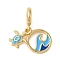 Rack Plating Brass Deep Sky Blue Enamel European Dangle Charms, Turtle & Wave Large Hole Pendants, Cadmium Free & Lead Free, Long-Lasting Plated, Real 18K Gold Plated, 25mm, Hole: 5mm