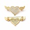Brass Micro Pave Clear Cubic Zirconia Brooch Findings, with Loops, Heart with Angel Wing, Real 18K Gold Plated, 34x16x6.5mm, Hole: 1.2mm