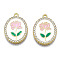 Rack Plating Alloy Enamel Pendants, with Crystal Rhinestone, Cadmium Free & Nickel Free & Lead Free, Light Gold, Oval with Flower of Life, Pink, 27x19.5x2.5mm, Hole: 1.6~1.8mm