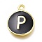 Brass Enamel Pendants, Long-Lasting Plated, Black, Golden, Flat Round, Letter.P, 16.5x13x2mm, Hole: 1.5mm