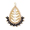 Glass Seed Beaded Leaf Pendants, with Natural Black Onyx & Brass Linking Rings & 304 Stainless Steel Loop, Faceted, Black, 38.5x32.5x4.5mm, Hole: 3x6.5mm