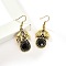 Leaf with Flat Round Alloy Rhinestone Dangle Earrings, with Plastic Pearl, Antique Golden, 52x20mm
