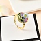 Brass Enamel Cuff Rings, with Natural Freshwater Pearl, Real 18K Gold Plated, Cadmium Free & Nickel Free & Lead Free, Flat Round with Flower, Black, Inner Diameter: Adjustable