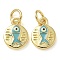 Rack Plating Brass Enamel Charms, with Jump Ring, Long-Lasting Plated, Lead Free & Cadmium Free, Flat Round with Fish Charm, Real 18K Gold Plated, 10.5x8x2mm, Hole: 3mm
