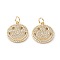 Brass Micro Pave Clear Cubic Zirconia Pendants, Long-Lasting Plated, Flat Round with Smile Face, Real 18K Gold Plated, 17x14.5x1.5mm