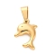 304 Stainless Steel Pendants, Ion Plating(IP), Dolphin Charms, Golden, 17x13x3.5mm, Hole: 6x3.5mm