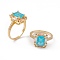 Deep Sky Blue Glass Rectangle Finger Ring with Cubic Zirconia, Brass Jewelry for Women, Real 18K Gold Plated, US Size 7 3/4(17.9mm)