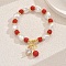 Mother's Day Brass Micro Pave Cubic Zirconia Charm Bracelets, Imitation Pearl Beads Stretch Bracelets for Women, Cherry, Mixed Color, 1 inch(2.5cm), Inner Diameter: 2-3/8 inch(6cm)