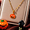 Stainless Steel Enamel Halloween Pumpkin Pendant Dapped Chain Necklaces, Golden, Orange Red, 15.75 inch(40cm)