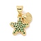 Brass Micro Pave Cubic Zirconia Charms, Cadmium Free & Lead Free, Starfish with Shell Shape Charms, Real 18K Gold Plated, Green, 13.5x13x2.5mm, Hole: 3x4mm
