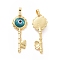 Handmade Evil Eye Lampwork Pendants, with Real 18K Gold Plated Tone Brass Findings, Key Charm, Cyan, 33x12x4mm, Hole: 4x6mm