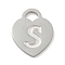 Non-Tarnish 304 Stainless Steel Pendants, Laser Cut, Heart with Letter Charm, Stainless Steel Color, Letter S, 15x12x1mm, Hole: 3x3.5mm