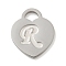 Non-Tarnish 304 Stainless Steel Pendants, Laser Cut, Heart with Letter Charm, Stainless Steel Color, Letter R, 15x12x1mm, Hole: 3x3.5mm