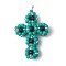 Glass Seed Beaded Cross Pendants, with 304 Stainless Steel Jump Rings Loop & Synthetic Blue Goldstone Beads, Stainless Steel Color, Teal, 38x27x11mm, Hole: 4.5mm