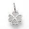 Brass Micro Pave Cubic Zirconia Charms, Cadmium Free & Lead Free, with Jump Rings, Four Leaf Clover, Platinum, 13.5x12x2mm, Hole: 6mm
