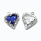 Glass Rhinestone Pendants, with Platinum Tone Brass Findings, Heart, Sapphire, 21x16.5x6mm, Hole: 2mm