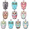 Printed Alloy Pendants, Platinum, Owl Charm, Mixed Color, 23x13.5x2mm, Hole: 1.7mm