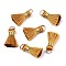 Handmade Polycotton(Polyester Cotton) Tassel Decorations, Pendant Decorations, with Golden Iron Loops, Goldenrod, 17~21x10x5mm, Jump Ring: 6x0.7mm, Inner Diameter: 4.6mm