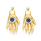 Brass Resin Pendants, Hand with Eye, Real 18K Gold Plated, 43x22x10mm, Hole: 3.5x5mm