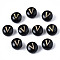 Handmade Lampwork Beads, with Golden Plated Brass Etched Metal Embellishments, Flat Round with Alphabet, Letter.V, 8x5mm, Hole: 0.8mm