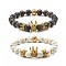 Electroplated Natural Lava Rock & Synthetic Howlite Beads Stretch Bracelets Set for Girl Women, Oil Diffuser Yoga Bracelets with Crown Alloy Beads, Golden, Inner Diameter: 2-1/8 inch(5.4cm), 2pcs/set