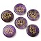 Natural Amethyst Cabochons, Flat Round with Engraved Gold Lotus Flower, 25~26x6~7mm