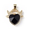 Real 18K Gold Plated Rack Plating Brass Micro Pave Cubic Zirconia Pendants, with Glass, Long-Lasting Plated, Cadmium Free & Lead Free, Two Birds with Heart, Black, 21x20x8mm, Hole: 5x3mm